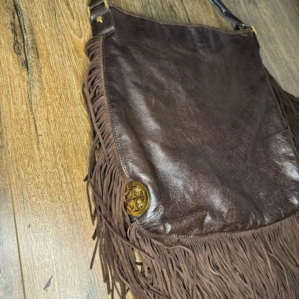 Tory Burch Dark Brown Fringed Leather Suede Hobo Bag